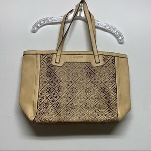 Tan Brown Bag | Large 2 Handle Geometric/ Floral Design | Purse Tote Bag